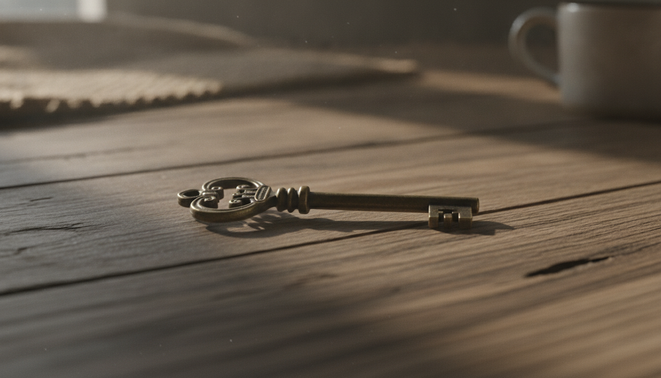 A single key resting on a wooden table representing short term rentals