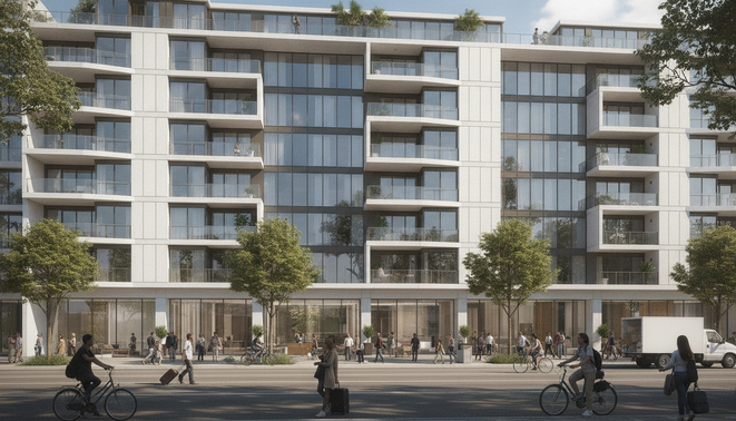 Modern multifamily apartment building illustrating urban renter mobility