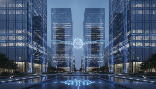 Modern office building with glowing AI network lines representing real estate technology and investing