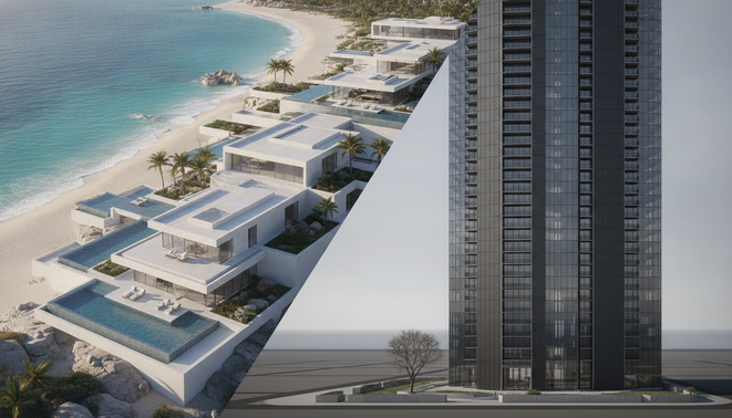 Abstract architectural contrast between a sprawling luxury coastal property and a minimalist urban structure