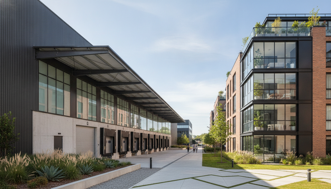 Modern industrial warehouse and renovated apartment building
