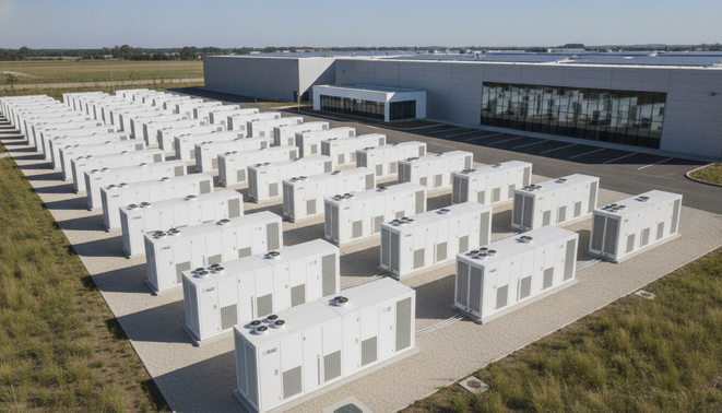 Sleek modern commercial battery storage facility situated next to a large industrial warehouse