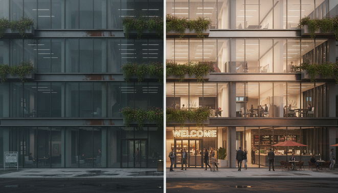 Commercial real estate building transitioning from distressed to stabilized