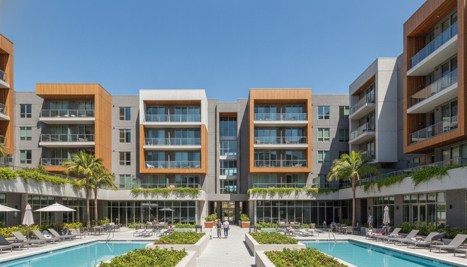 Modern commercial multifamily apartment complex under clear blue skies