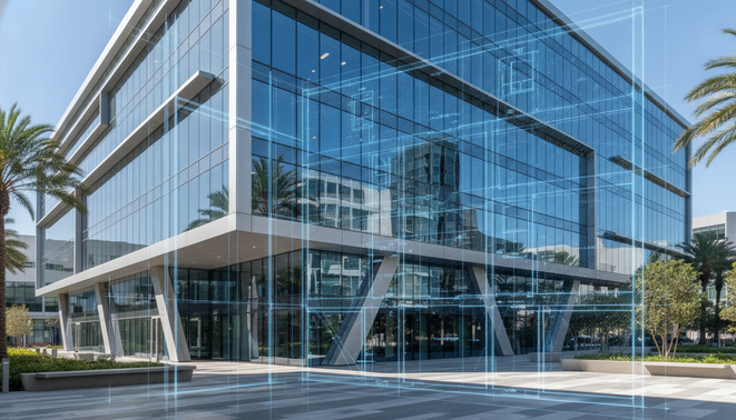 Modern commercial real estate property architectural blueprints overlay