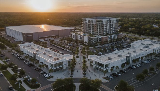Modern commercial real estate landscape showing retail, industrial, and multifamily properties