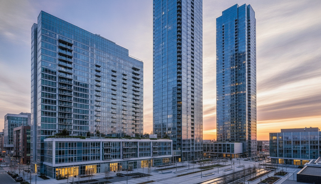 Modern commercial real estate skyline representing high volume markets
