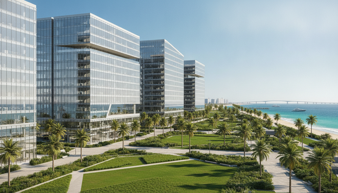 Sleek modern commercial real estate development along a sunlit coastal waterfront in West Palm Beach