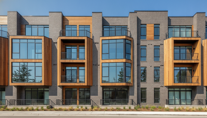 Modern multifamily apartment building exterior against a clear blue sky