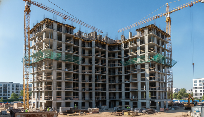 Modern multifamily apartment building under construction