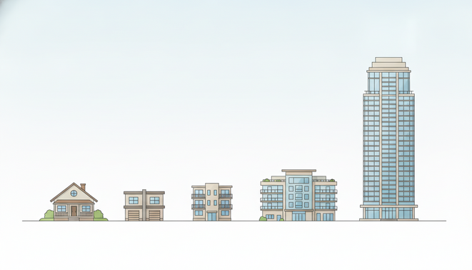 Progression of real estate scaling from single family home to commercial apartment building