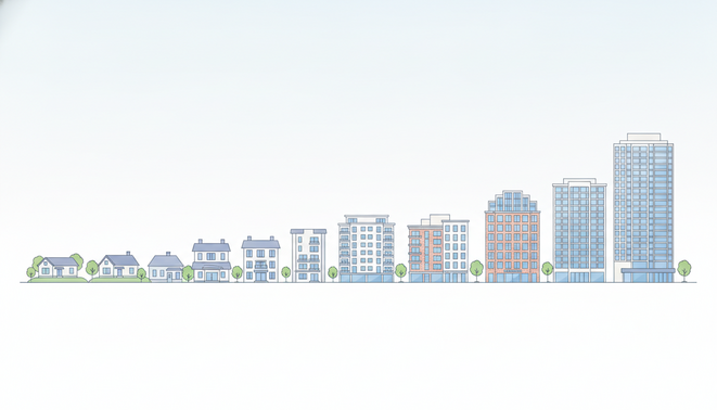 A visual progression of real estate properties starting from small residential houses on the left to large commercial multifamily buildings on the right illustrating portfolio growth.