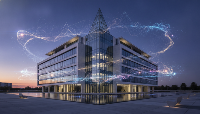 Modern commercial building with abstract digital nodes and glowing networks