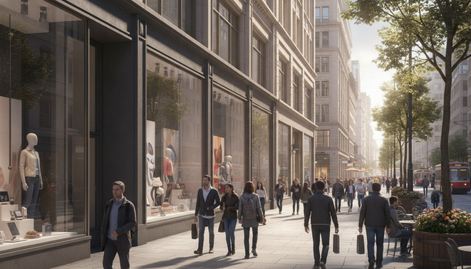 Bustling urban retail street facade