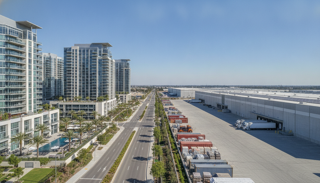 Modern commercial real estate landscape featuring multifamily and industrial properties