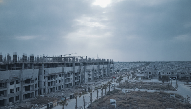 A muted, cautious architectural scene of commercial multifamily properties representing a cooling housing market.