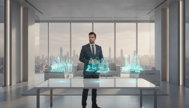 Modern commercial real estate professional using technology