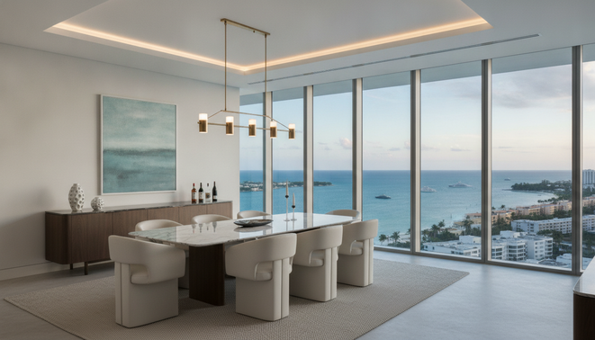 Sophisticated private dining room in a modern high-rise overlooking the South Florida waterfront