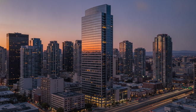 A sleek, modern commercial real estate high-rise blending into an urban skyline at dusk.