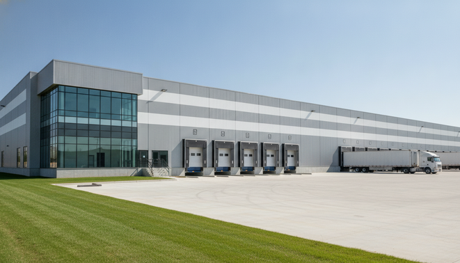 Modern industrial logistics warehouse exterior with loading docks