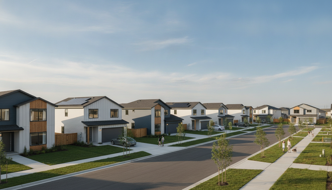 Modern residential neighborhood with new starter homes