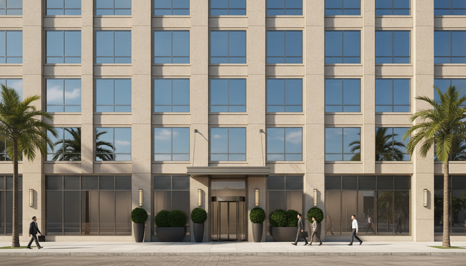 Upscale modern commercial real estate property with a marble facade on a sunny day